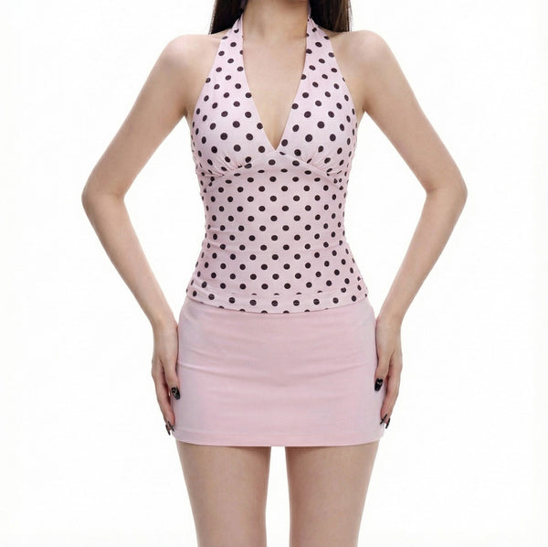 Sweetheart Pink Polka Dot Halter Top & Mini Skirt Set