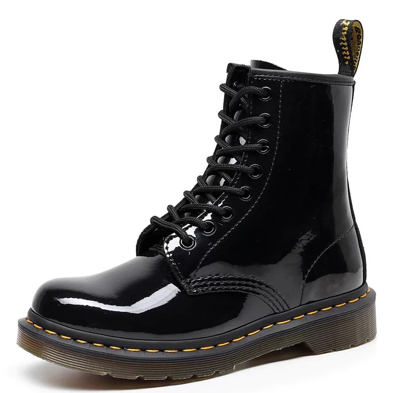 Glossy Black Lace-Up Boots