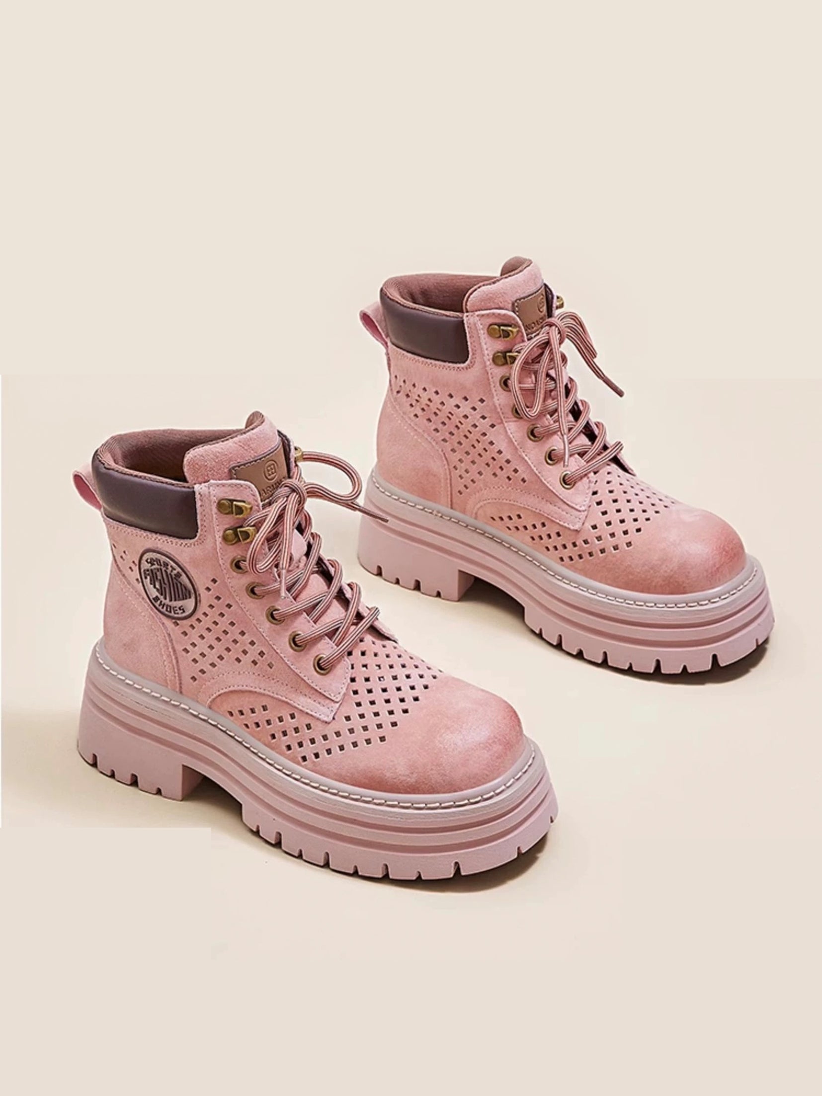 Spring/Summer Pink Breathable Platform Combat Boots