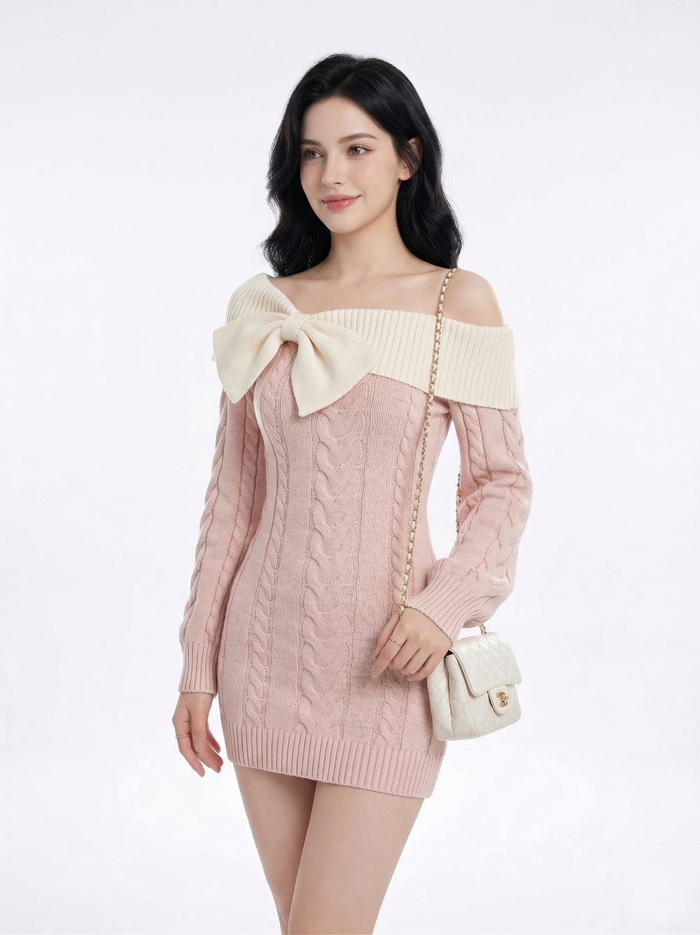 Romantic Off-the-Shoulder Cable Knit Mini Dress