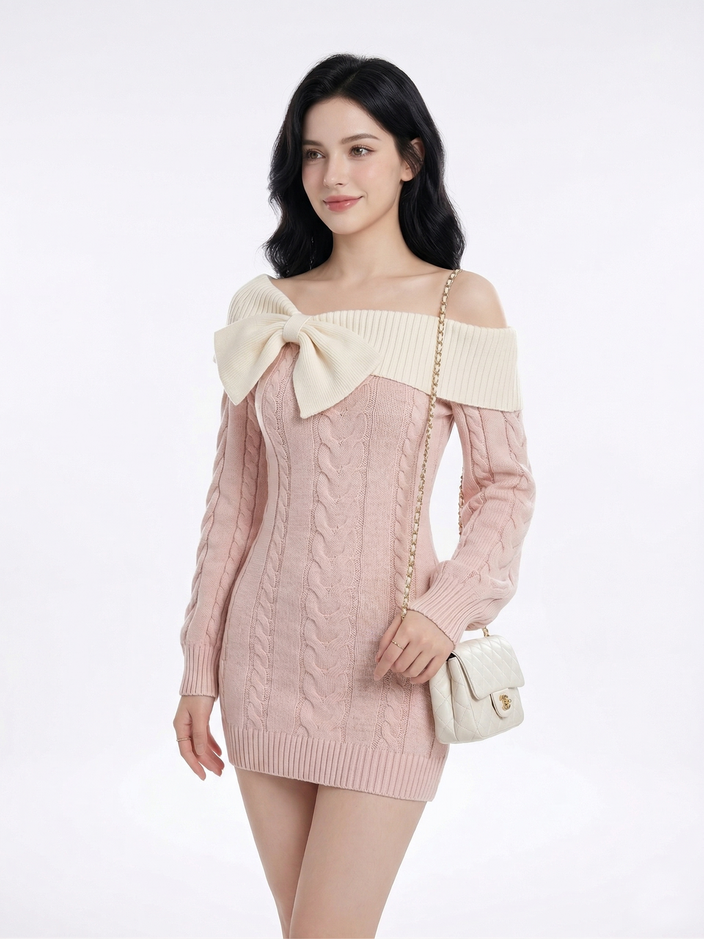 Romantic Off-the-Shoulder Cable Knit Mini Dress