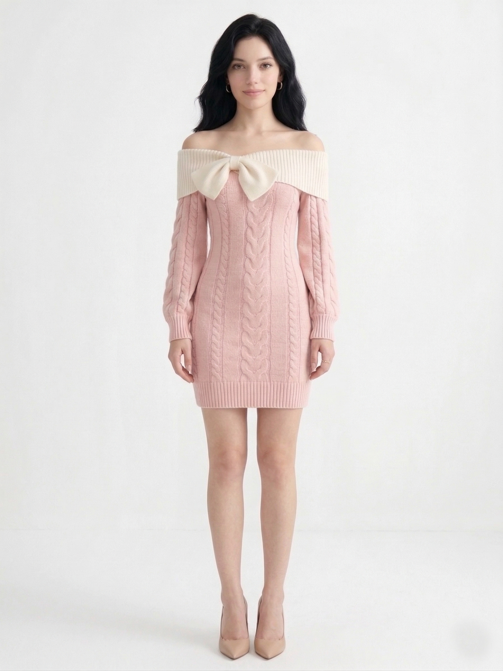 Romantic Off-the-Shoulder Cable Knit Mini Dress