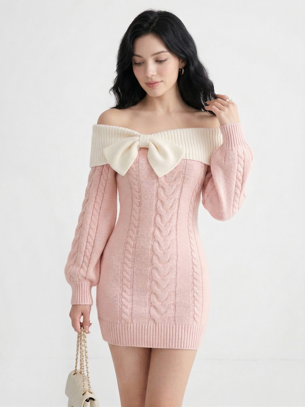 Romantic Off-the-Shoulder Cable Knit Mini Dress