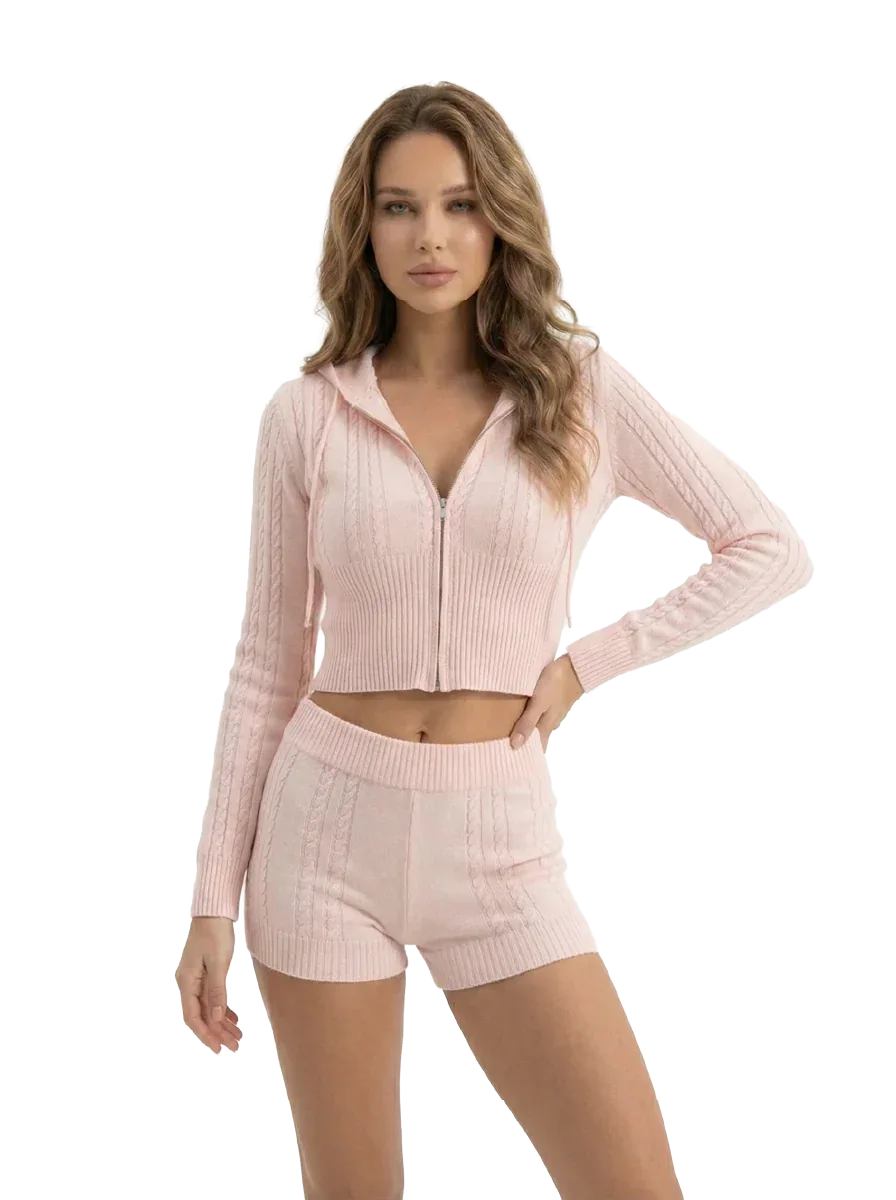 Pink Cable Knit Zip-Up Lounge Set - Girlgeous