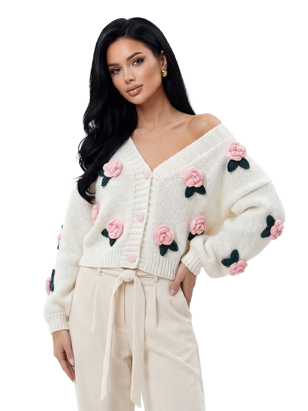 Vintage-Inspired Rose Garden 3D Applique Knit Cardigan