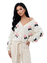 Vintage-Inspired Rose Garden 3D Applique Knit Cardigan