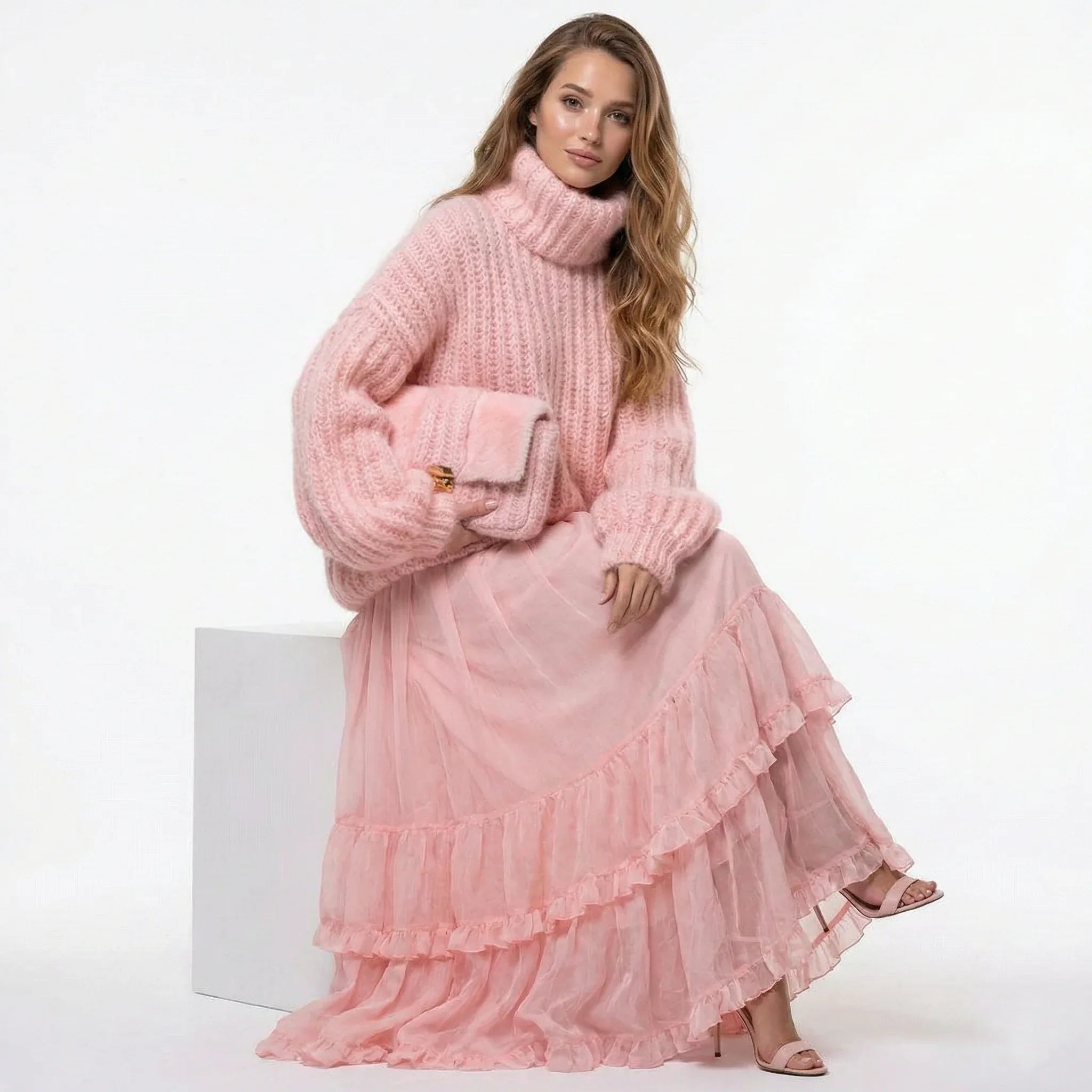 Oversized Blush Pink Chunky Knit Turtleneck - Girlgeous