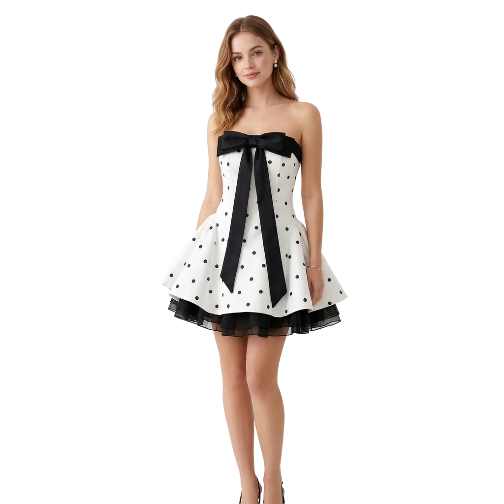 Polka Dot Dream Mini Dress – Black & White Ribbon Style - Girlgeous