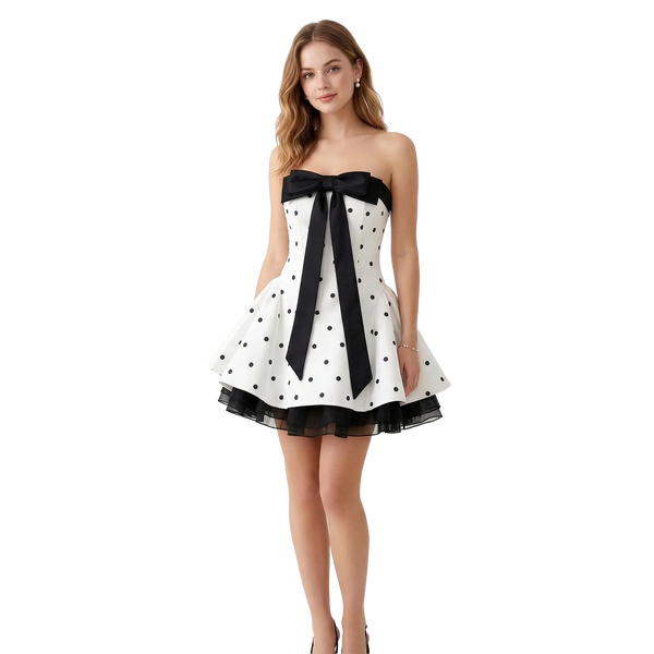 Polka Dot Dream Mini Dress – Black & White Ribbon Style - Girlgeous