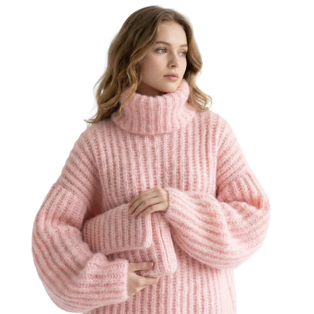 Oversized Blush Pink Chunky Knit Turtleneck - Girlgeous