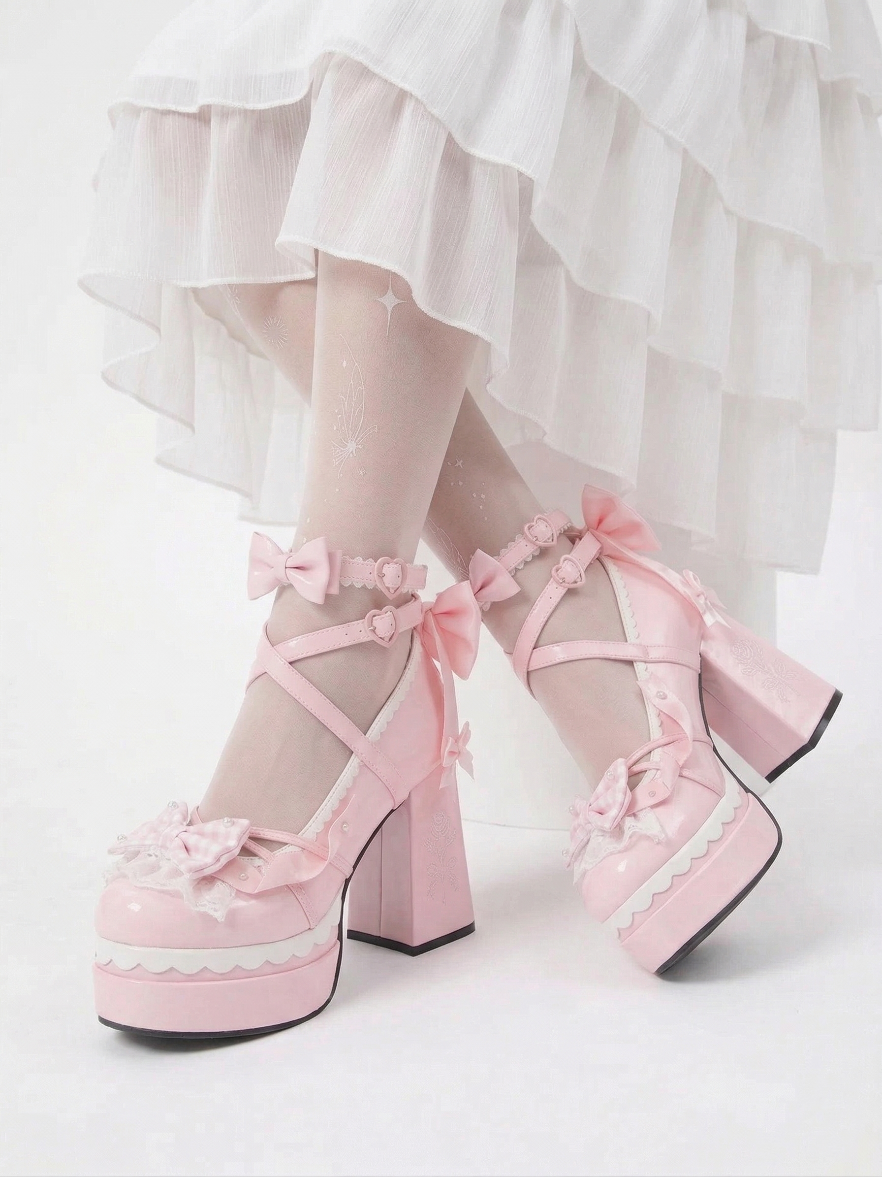 Sweetheart Coquette Platform Mary Janes with Lace & Bows (pink)