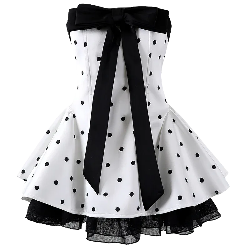 Polka Dot Dream Mini Dress – Black & White Ribbon Style - Girlgeous