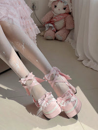Sweetheart Coquette Platform Mary Janes with Lace & Bows (pink)
