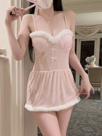 Sweet Coquette Faux Fur Trimmed Pink Romper - Girlgeous
