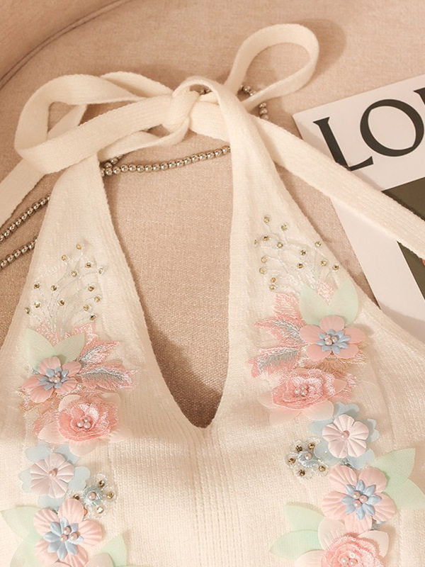 Dreamy Floral Applique Knit Halter Top