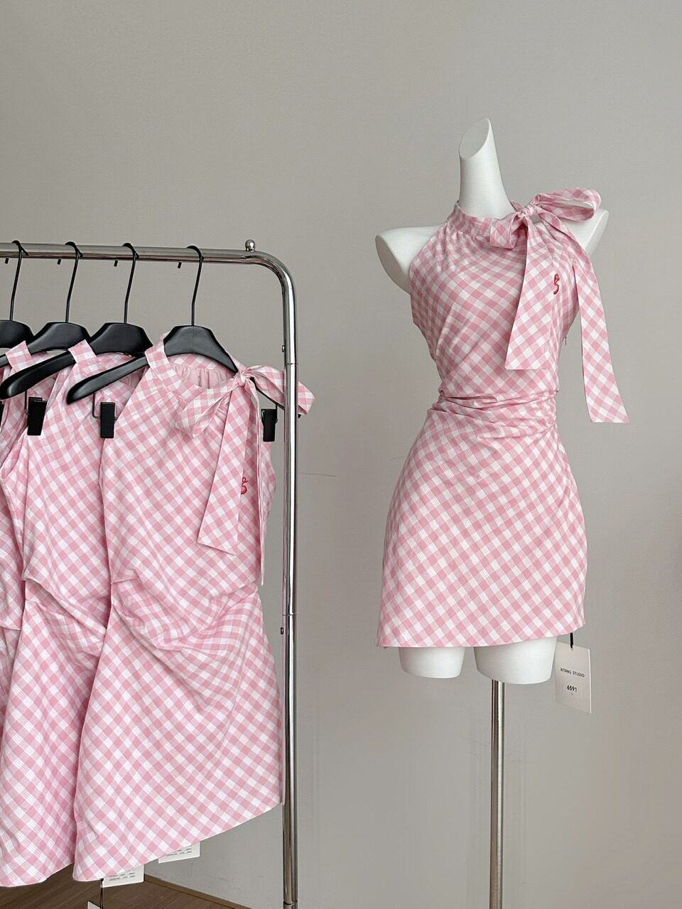 Retro Picnic Pink Gingham Halter Dress