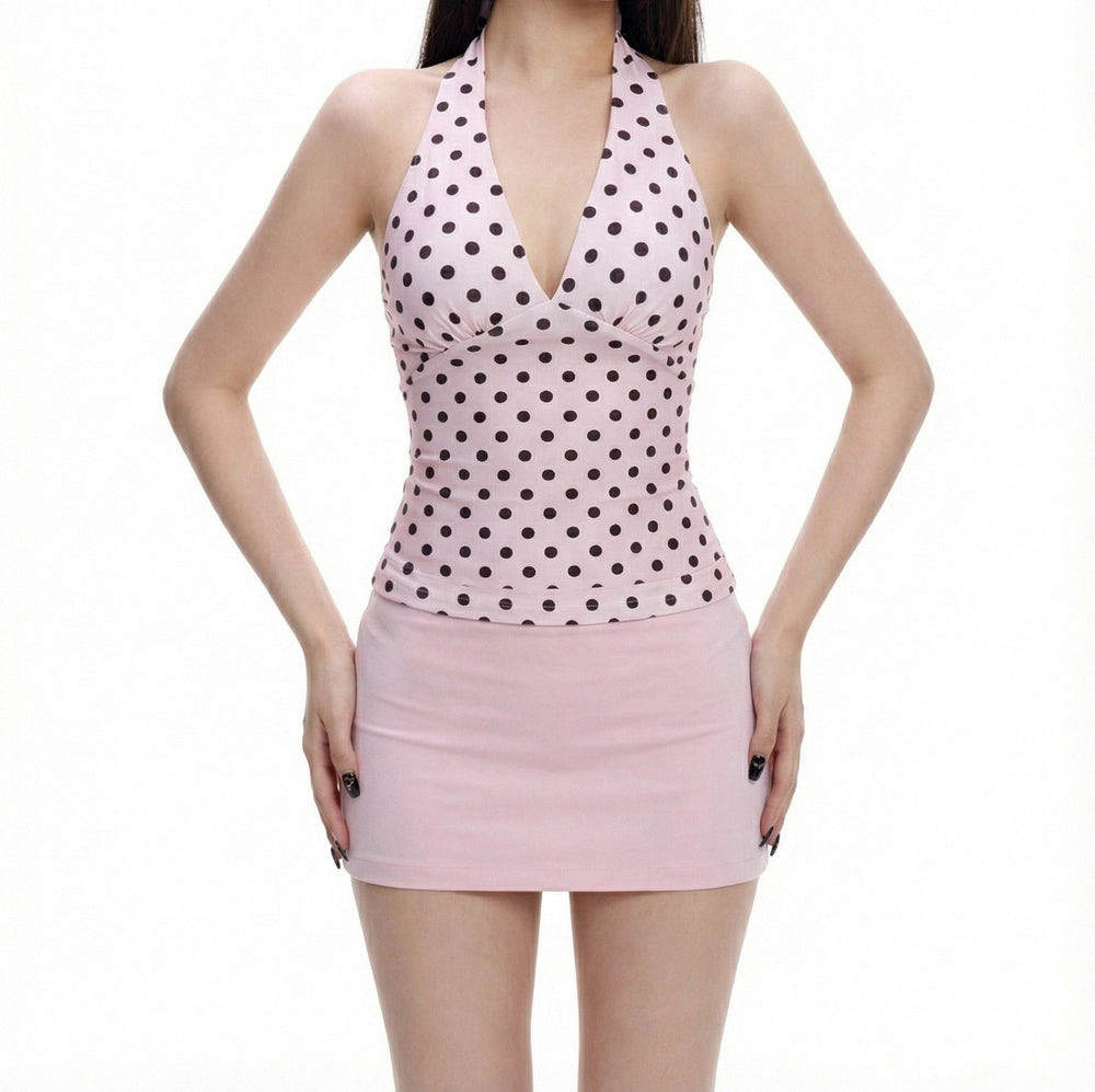 Sweetheart Pink Polka Dot Halter Top & Mini Skirt Set