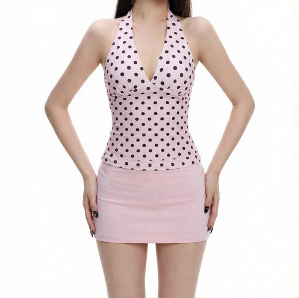 Sweetheart Pink Polka Dot Halter Top & Mini Skirt Set