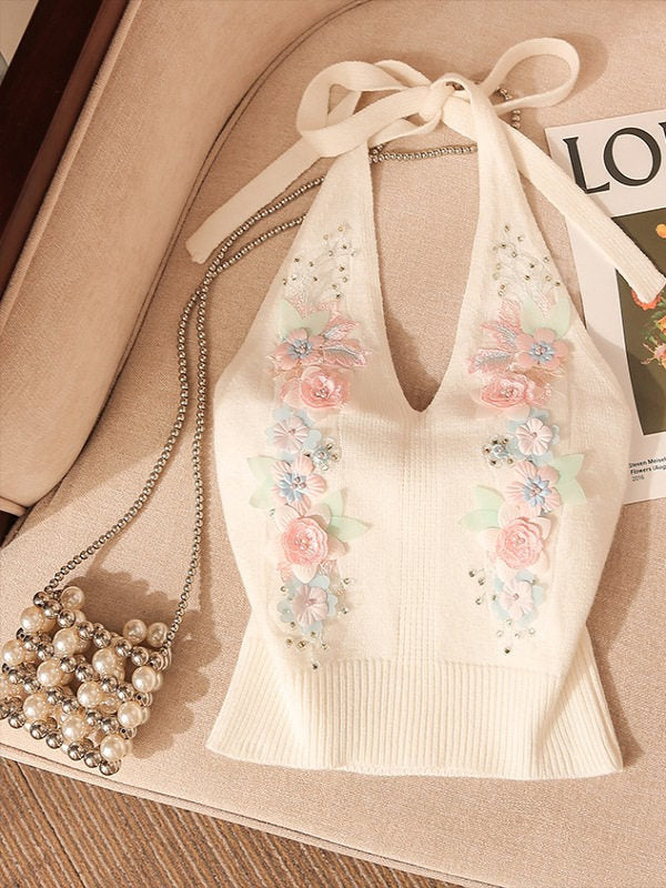 Dreamy Floral Applique Knit Halter Top