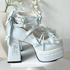 Sweetheart Coquette Platform Mary Janes with Lace & Bows (Blue)