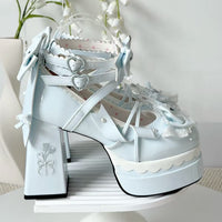 Sweetheart Coquette Platform Mary Janes with Lace & Bows (Blue)