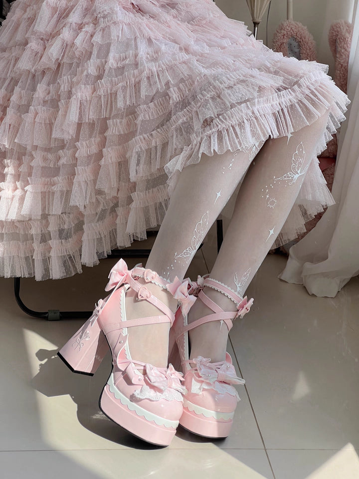 Sweetheart Coquette Platform Mary Janes with Lace & Bows (pink)