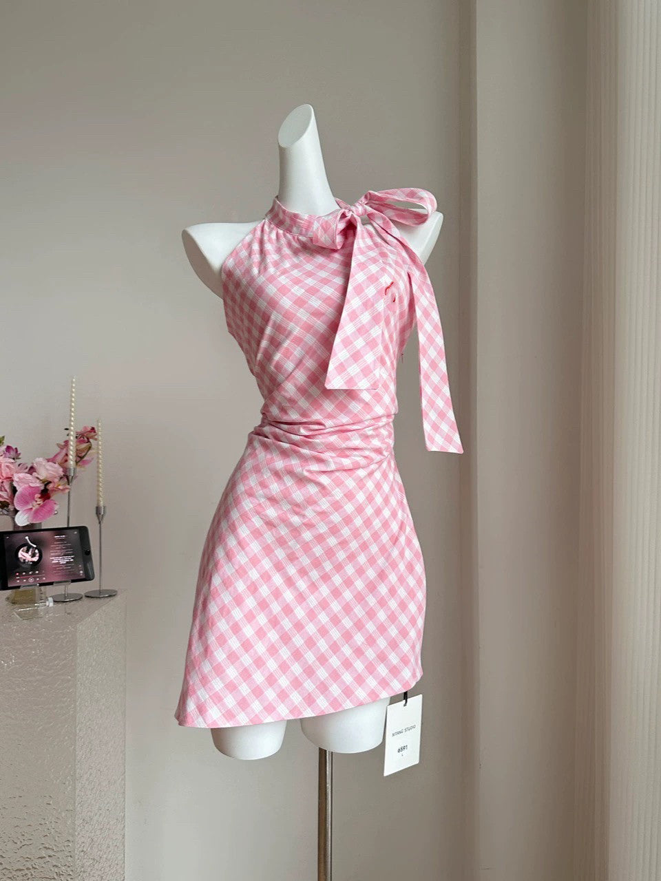 Retro Picnic Pink Gingham Halter Dress