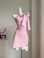 Retro Picnic Pink Gingham Halter Dress