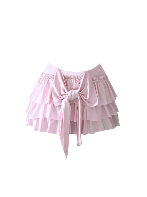 Blush Pink Tiered Ruffle Bow Mini Skirt - Girlgeous